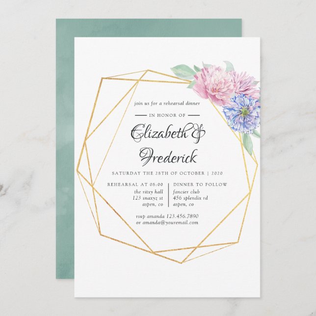 Blush & Mint Geometric Floral Rehearsal Dinner Invitation (Front/Back)