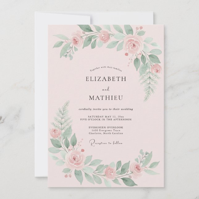 Blush Mint Peony Wedding Invitation (Front)