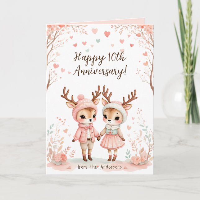 Blush & Mint Reindeer Lovebirds Happy Anniversary Holiday Card (Front)