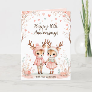 Blush & Mint Reindeer Lovebirds Happy Anniversary Holiday Card