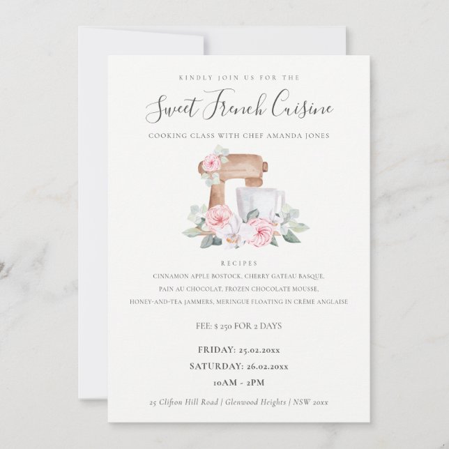 Blush Mixex Floral Bakery Cooking Class Invite (Front)