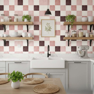 Blush & Mocha Checkerboard Soft Feminine Retro Wallpaper