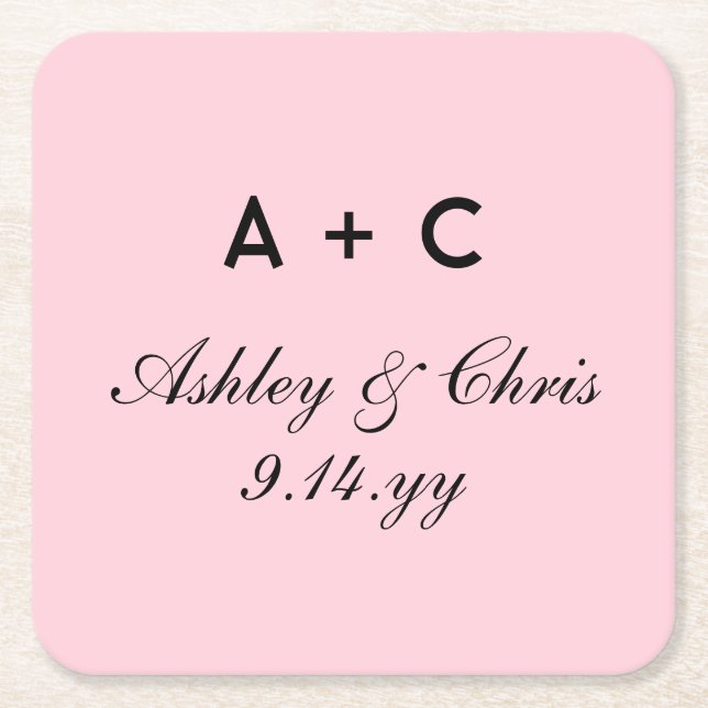 Blush Modern Personalised Wedding Reception Favour Square Paper Coaster (Front)