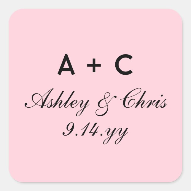 Blush Modern Personalised Wedding Reception Favour Square Sticker (Front)
