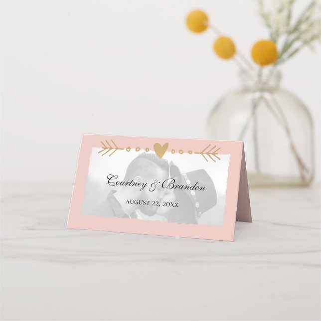 Blush Modern Photo Gold Hearts Wedding Place Card (Front)