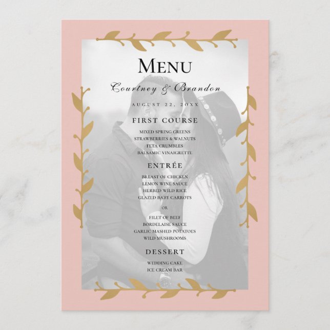 Blush Modern Photo Gold Leaves Wedding Menu (Front)
