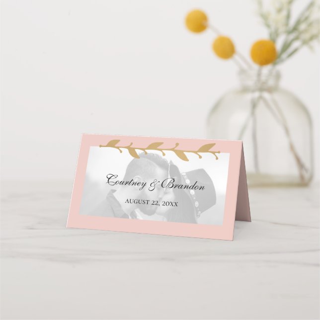 Blush Modern Photo Gold Leaves Wedding Place Card (Front)