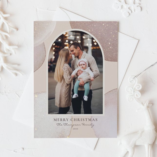 Blush Modern Shimmering Shapes Photo Christmas Holiday Card (Creator Uploaded)