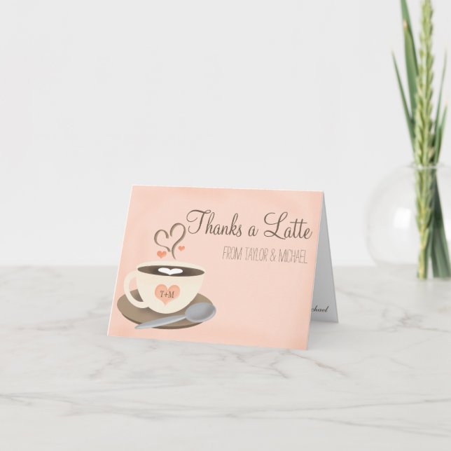 Blush Monogram Heart Coffee Cup Wedding Thank You Card (Front)