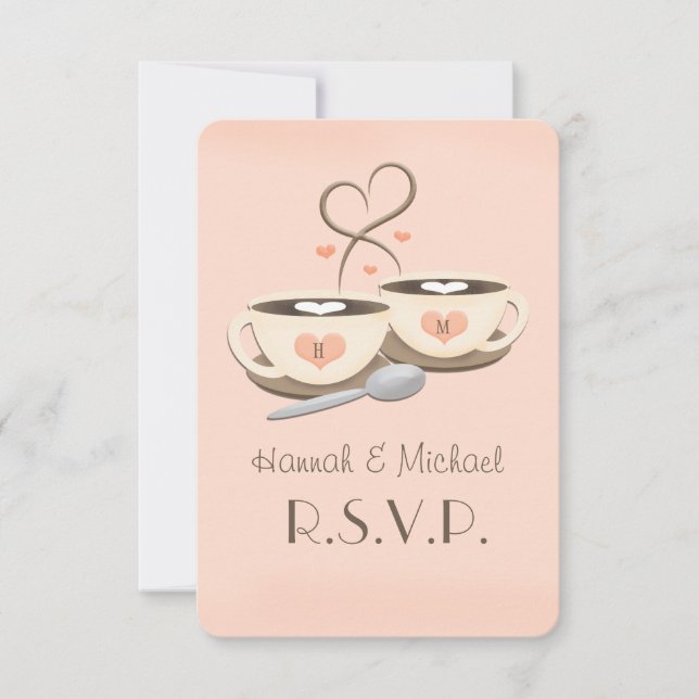 Blush Monogram Heart Coffee Wedding RSVP Cards (Front)