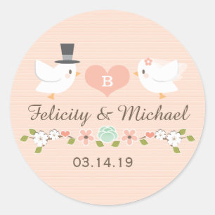 BLUSH MONOGRAMMED DOVE LOVE BIRDS WEDDING CLASSIC ROUND STICKER