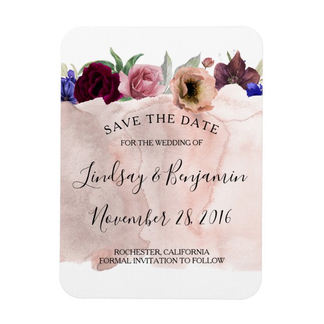 Blush Navy and Burgundy Floral Save the Date Magnet (Vertical)
