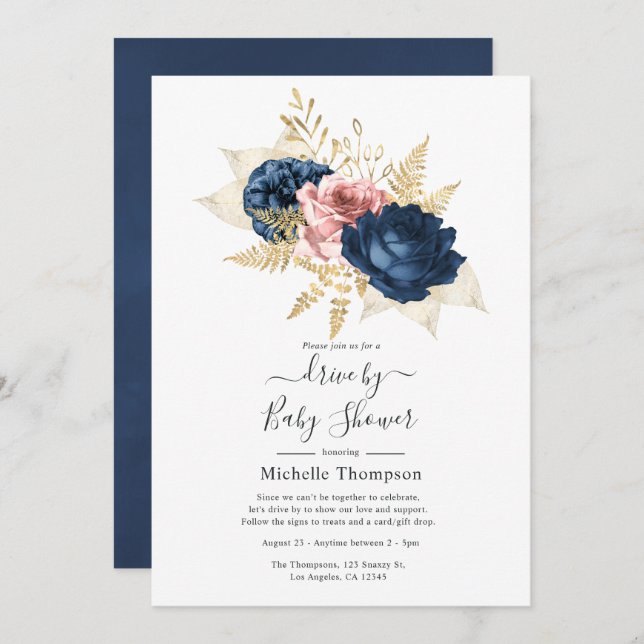 Blush, Navy and Gold Floral Drive By Shower Invitation (Front/Back)