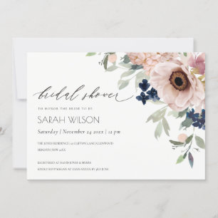 Blush Navy Anemone Floral Bridal Shower Invite
