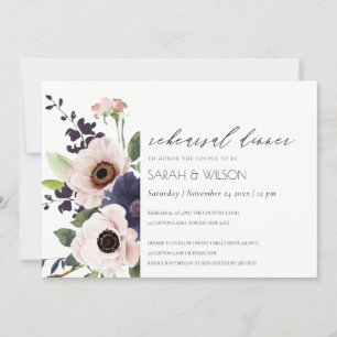Blush Navy Anemone Floral Rehearsal Dinner Invite