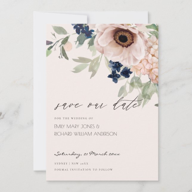 Blush Navy Anemone Floral Save the Date Card (Front)
