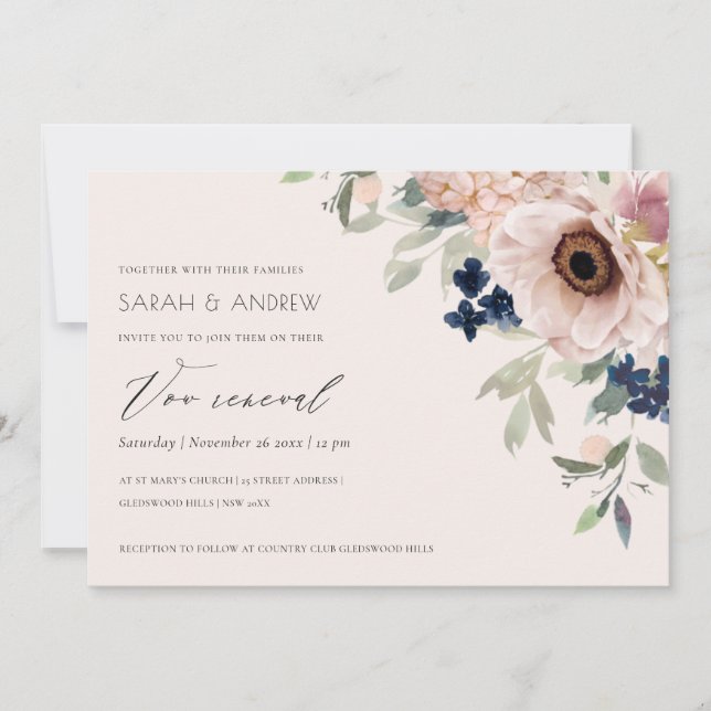 Blush Navy Anemone Floral Vow Renewal Invite (Front)