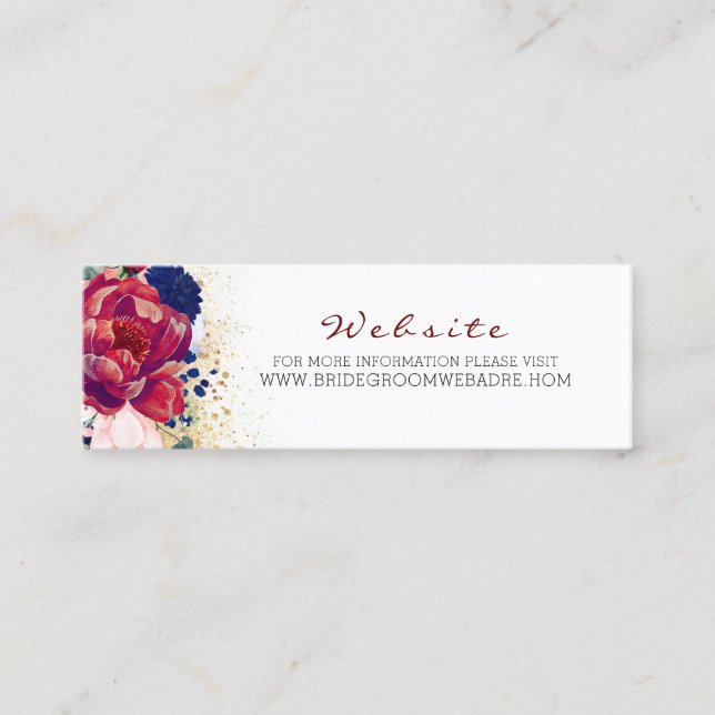 Blush Navy Blue and Burgundy Red Floral Wedding Mini Business Card (Front)