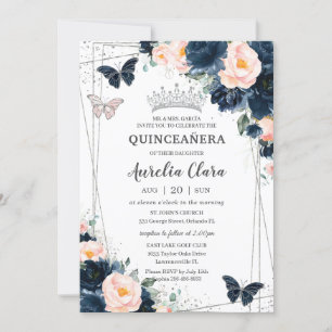 Blush Navy Blue Floral Butterflies Quinceañera Invitation