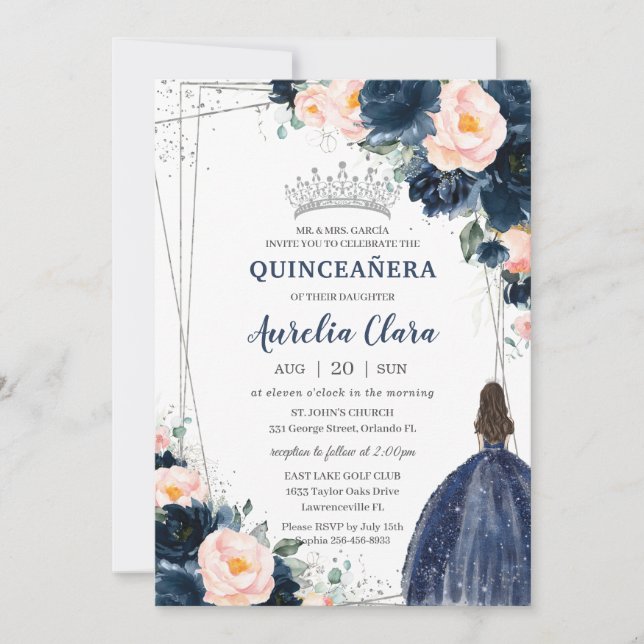 Blush Navy Blue Floral Princess Silver Quinceañera Invitation (Front)