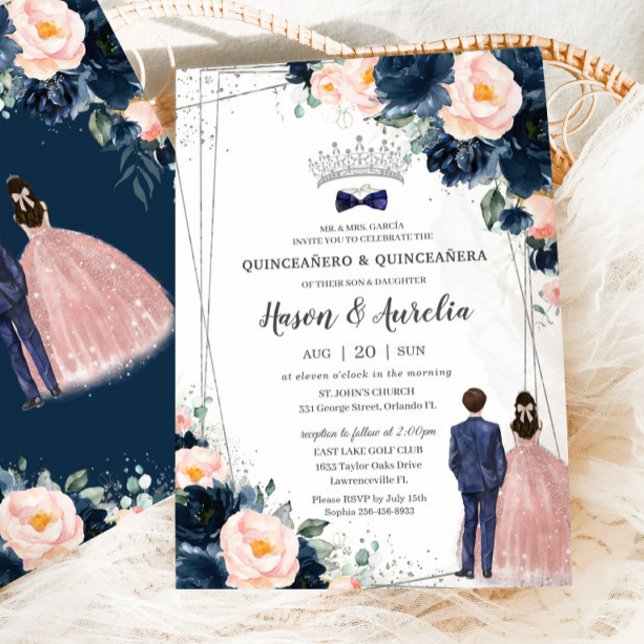 Blush Navy Blue Floral Twins Boy Girl Quinceañera Invitation (Creator Uploaded)