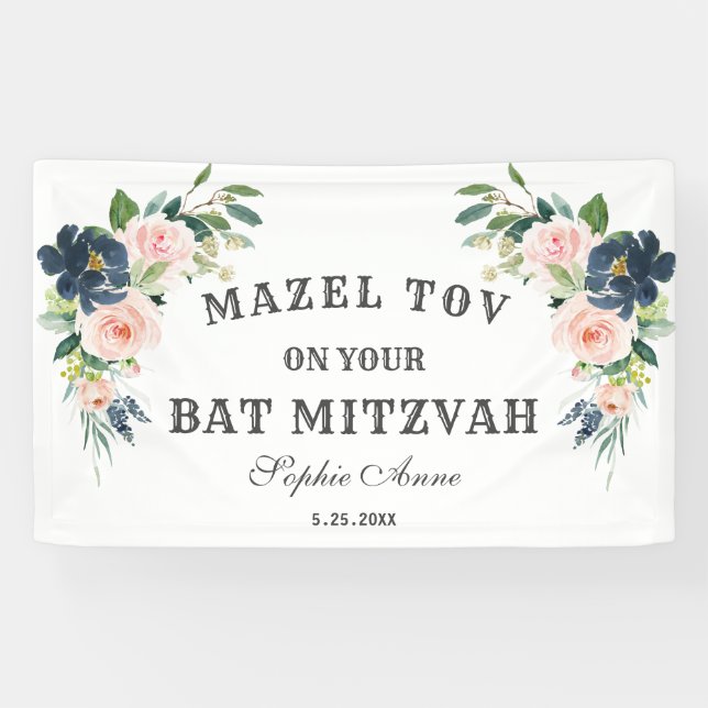 Blush Navy Blue Flowers Bat Mitzvah Welcome Sign (Horizontal)