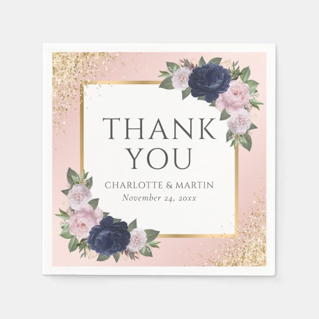 Blush Navy Blue Gold Floral Wedding Napkin (Front)