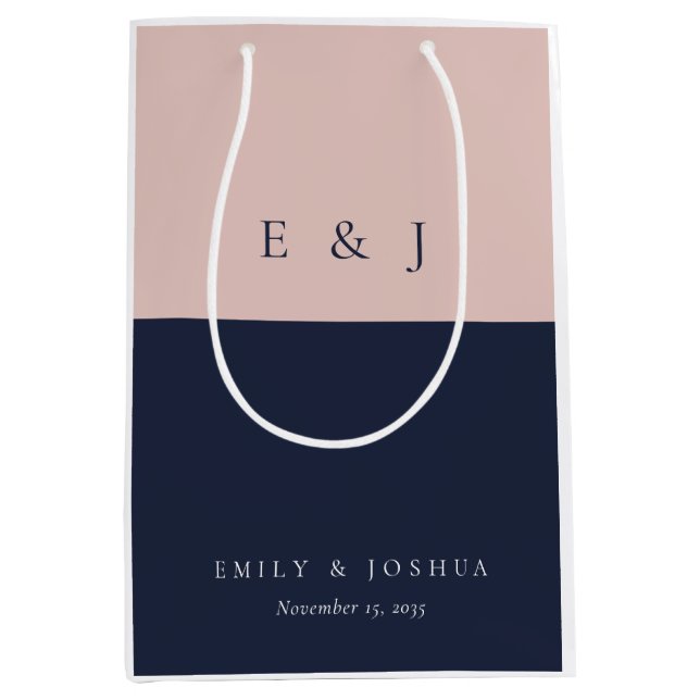 Blush Navy Blue Modern Wedding Medium Gift Bag (Front)