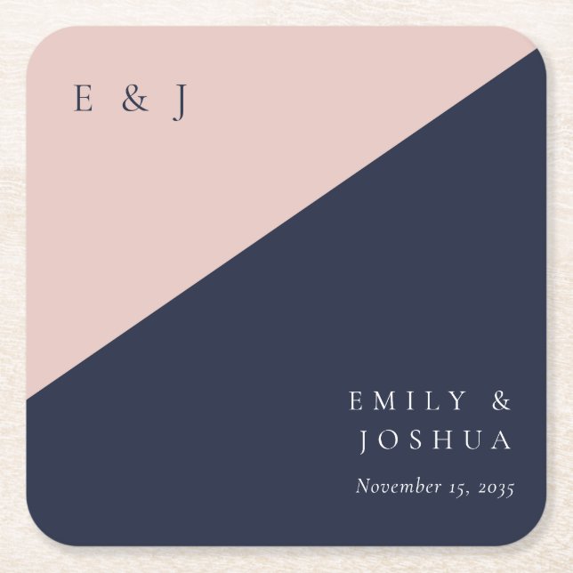 Blush Navy Blue Modern Wedding Square Paper Coaster (Front)