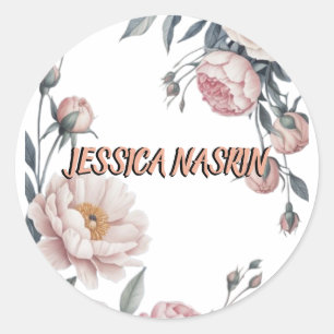 Blush Navy Blue Soft Pastel Pink Floral Classic Round Sticker