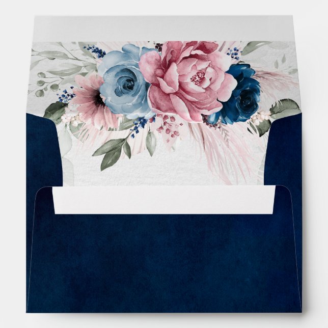 Blush Navy Blue Soft Pastel Pink Floral Wedding Envelope (Back (Bottom))