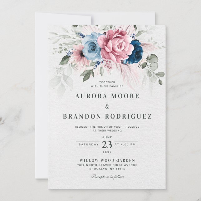 Blush Navy Blue Soft Pastel Pink Floral Wedding Invitation (Front)