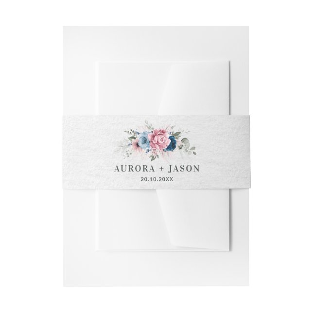 Blush Navy Blue Soft Pastel Pink Floral Wedding Invitation Belly Band (Front Example)