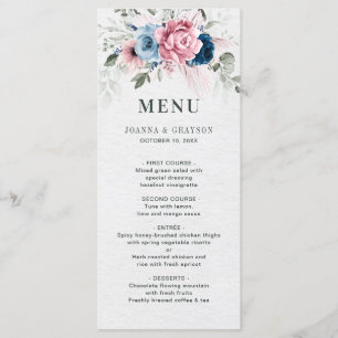 Blush Navy Blue Soft Pastel Pink Floral Wedding Menu