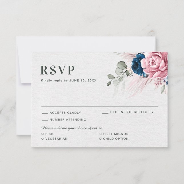 Blush Navy Blue Soft Pastel Pink Floral Wedding  RSVP Card (Front)