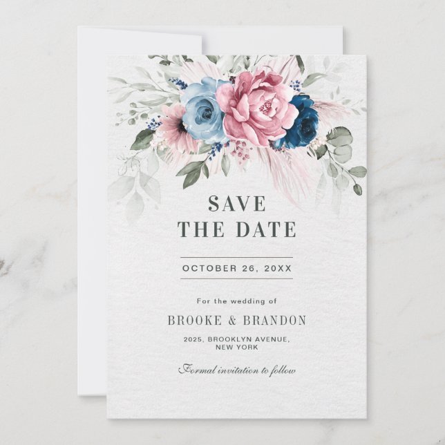 Blush Navy Blue Soft Pastel Pink Floral Wedding Save The Date (Front)