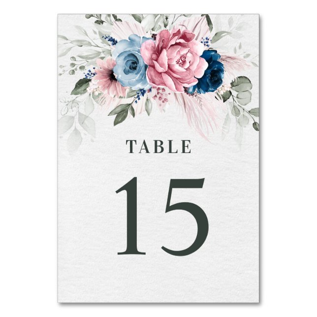 Blush Navy Blue Soft Pastel Pink Floral Wedding Table Number (Front)