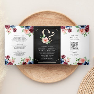 Blush Navy Burgundy Floral Black QR Code Wedding Tri-Fold Invitation