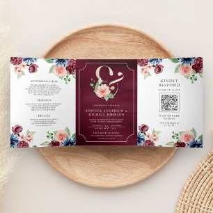 Blush Navy Burgundy Floral Marsala QR Code Wedding Tri-Fold Invitation