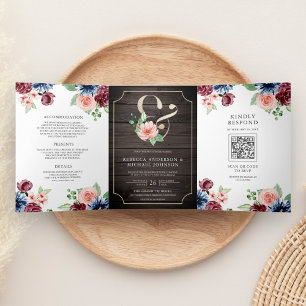 Blush Navy Burgundy Floral Wood QR Code Wedding Tri-Fold Invitation