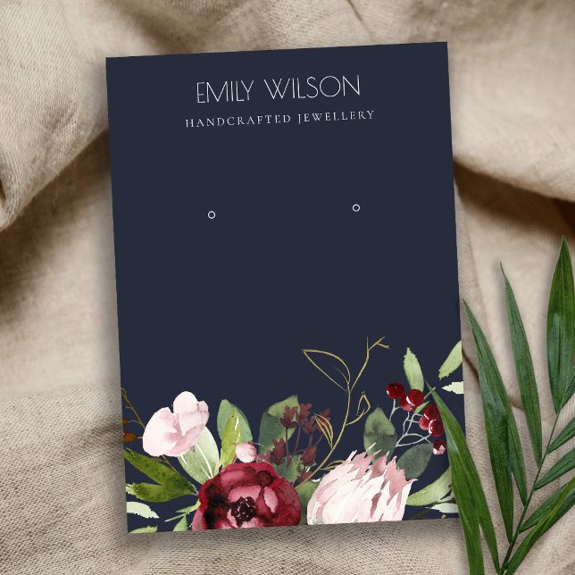 BLUSH NAVY BURGUNDY PROTEA FLORAL EARRING DISPLAY BUSINESS CARD (Creator Uploaded)