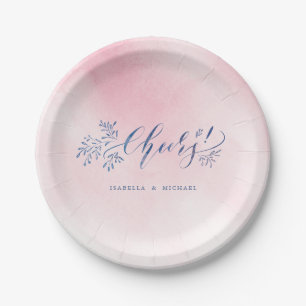 Blush navy calligraphy cheers rustic floral party paper plate