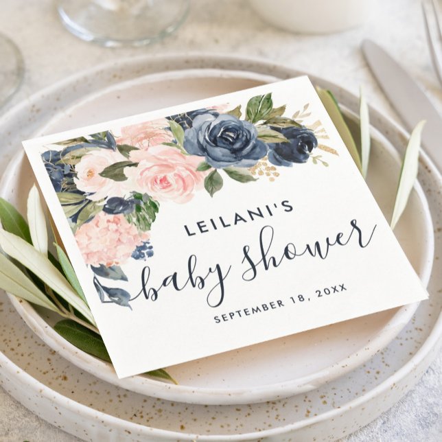 Blush Navy Cascade Watercolor Baby Shower Napkin (Floral cascade with a blush pink and navy blue baby shower napkin for an elegant design.)
