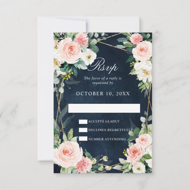 Blush Navy Dusty Blue Floral Geometric Botanical RSVP Card (Front)