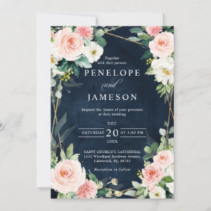 Blush Navy Dusty Blue Geometric Botanical Wedding Invitation