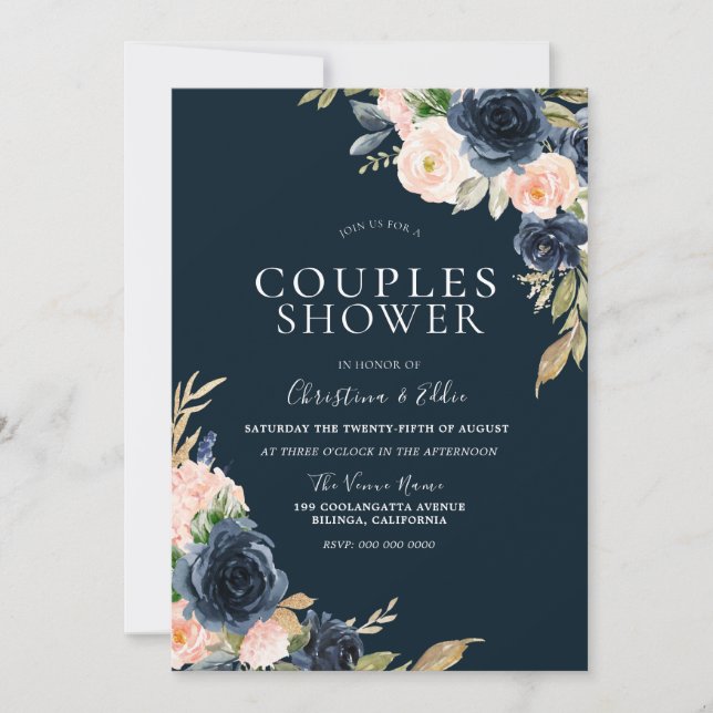 Blush & Navy Elegant Modern Couples Shower Invitation (Front)