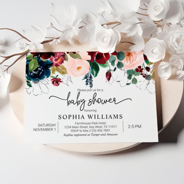 Blush & Navy Floral Baby Shower Invitation (Creator Uploaded)