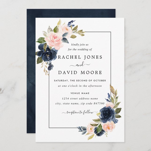 Blush Navy Floral Bloom Wedding Invitation (Front/Back)