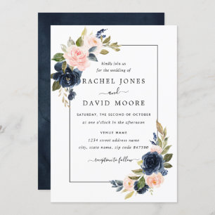 Blush Navy Floral Bloom Wedding Invitation
