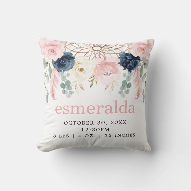 Blush Navy Floral Boho Dreamcatcher Birth Stats Cushion (Front)